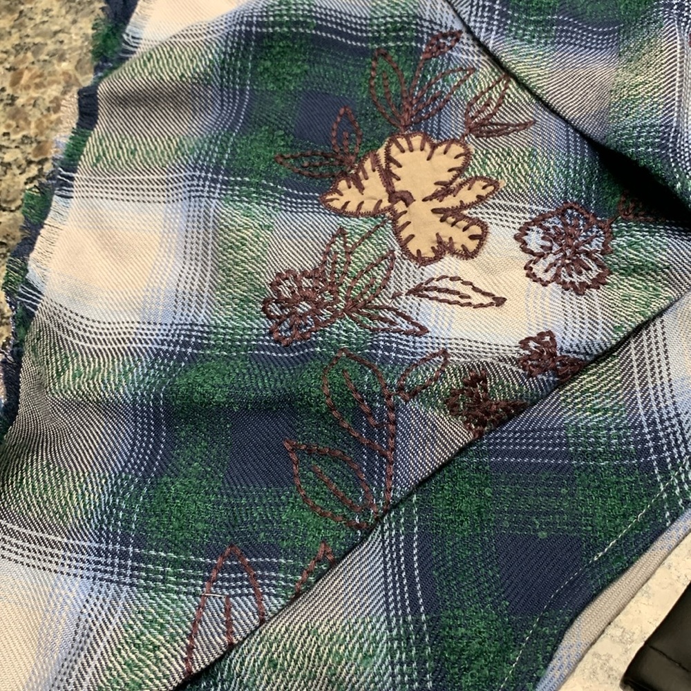 NWT - J Jill Gray & Blue Triangle Scarf. Has Lovely Beige & Brown Embroidery.